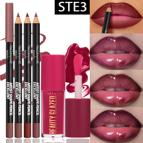 4Pcs Lip Liner & Lip Oil Set - Waterproof Matte Lip Pencils + Plumping Gloss Lipstick Kit, Long Lasting Makeup for Women