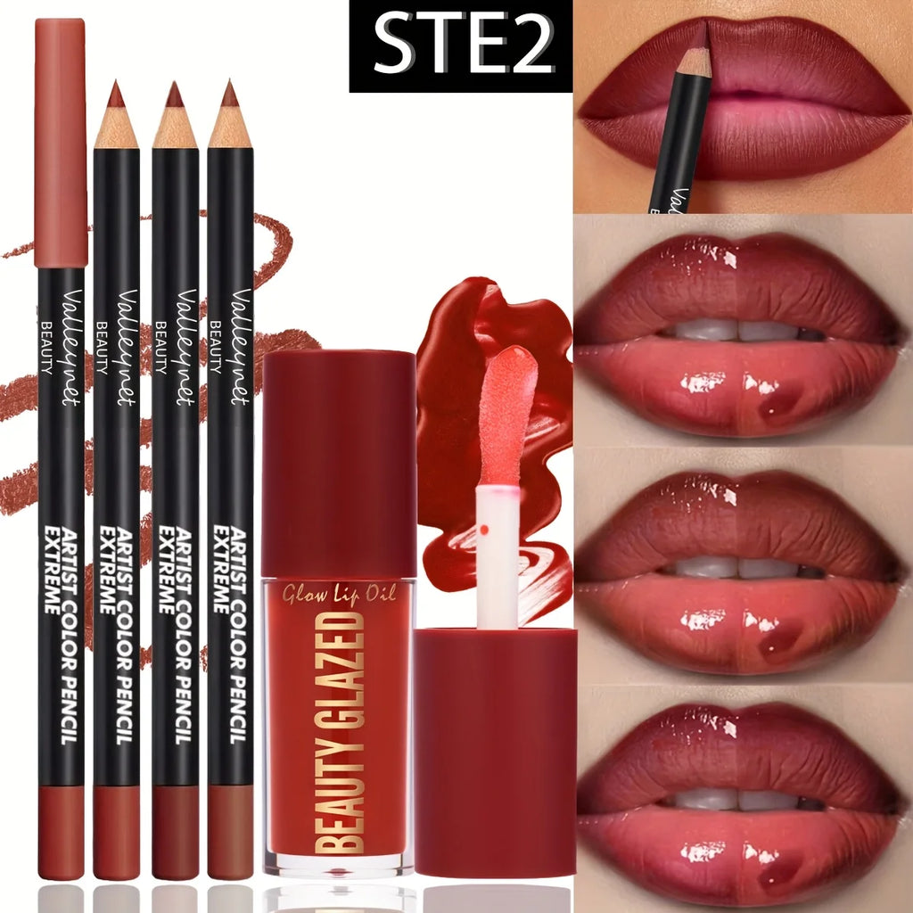 4Pcs Lip Liner & Lip Oil Set - Waterproof Matte Lip Pencils + Plumping Gloss Lipstick Kit, Long Lasting Makeup for Women