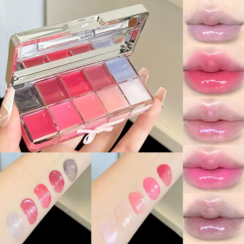 FLORTTE - 10-Color Lip Palette Lip Gloss and Lipstick Glossy Moisturizing Pigmented Multifunctional Original Cosmetics