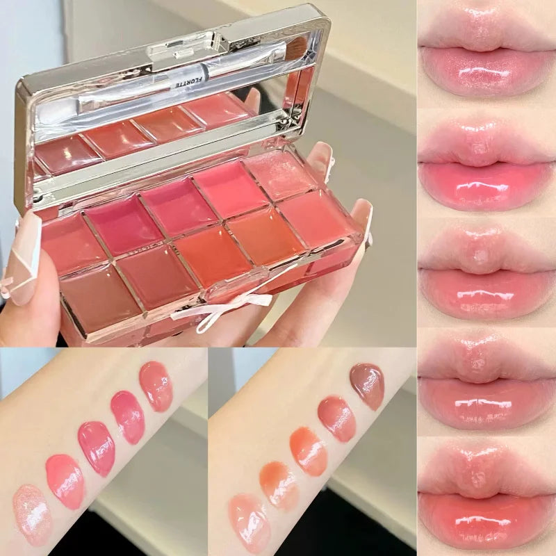 FLORTTE - 10-Color Lip Palette Lip Gloss and Lipstick Glossy Moisturizing Pigmented Multifunctional Original Cosmetics
