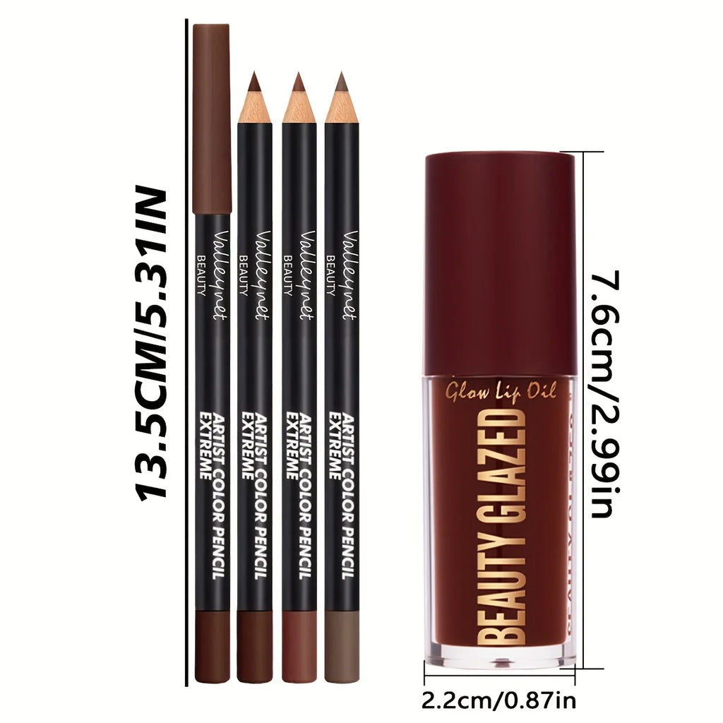 4Pcs Lip Liner & Lip Oil Set - Waterproof Matte Lip Pencils + Plumping Gloss Lipstick Kit, Long Lasting Makeup for Women