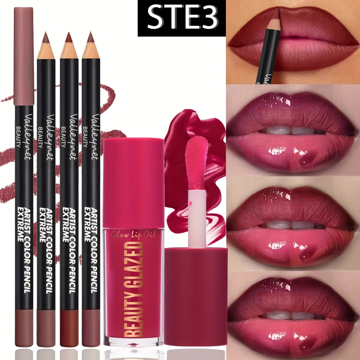 4Pcs Lip Liner & Lip Oil Set - Waterproof Matte Lip Pencils + Plumping Gloss Lipstick Kit, Long Lasting Makeup for Women