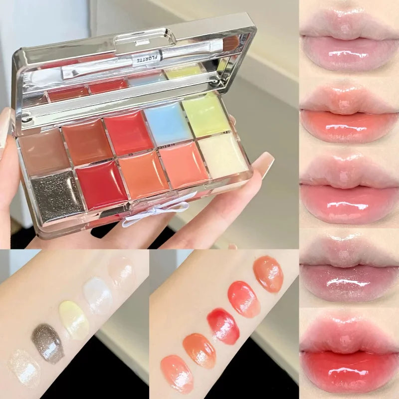 FLORTTE - 10-Color Lip Palette Lip Gloss and Lipstick Glossy Moisturizing Pigmented Multifunctional Original Cosmetics